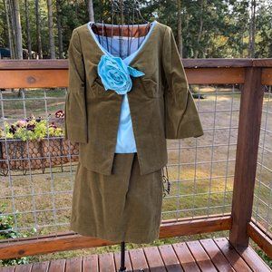 Ricco California Green Velvet 3/4 Sleeve Jacket/ Skirt and Blue Satin Blouse